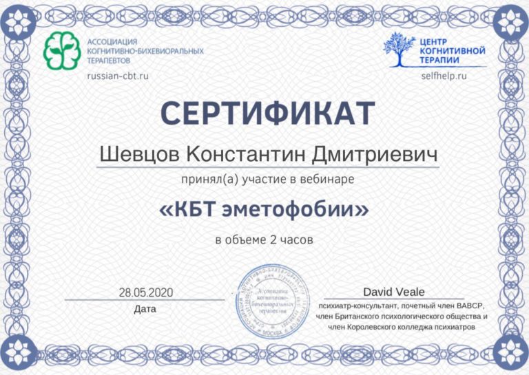 Сертификат КБТ эметофобии (Шевцов)